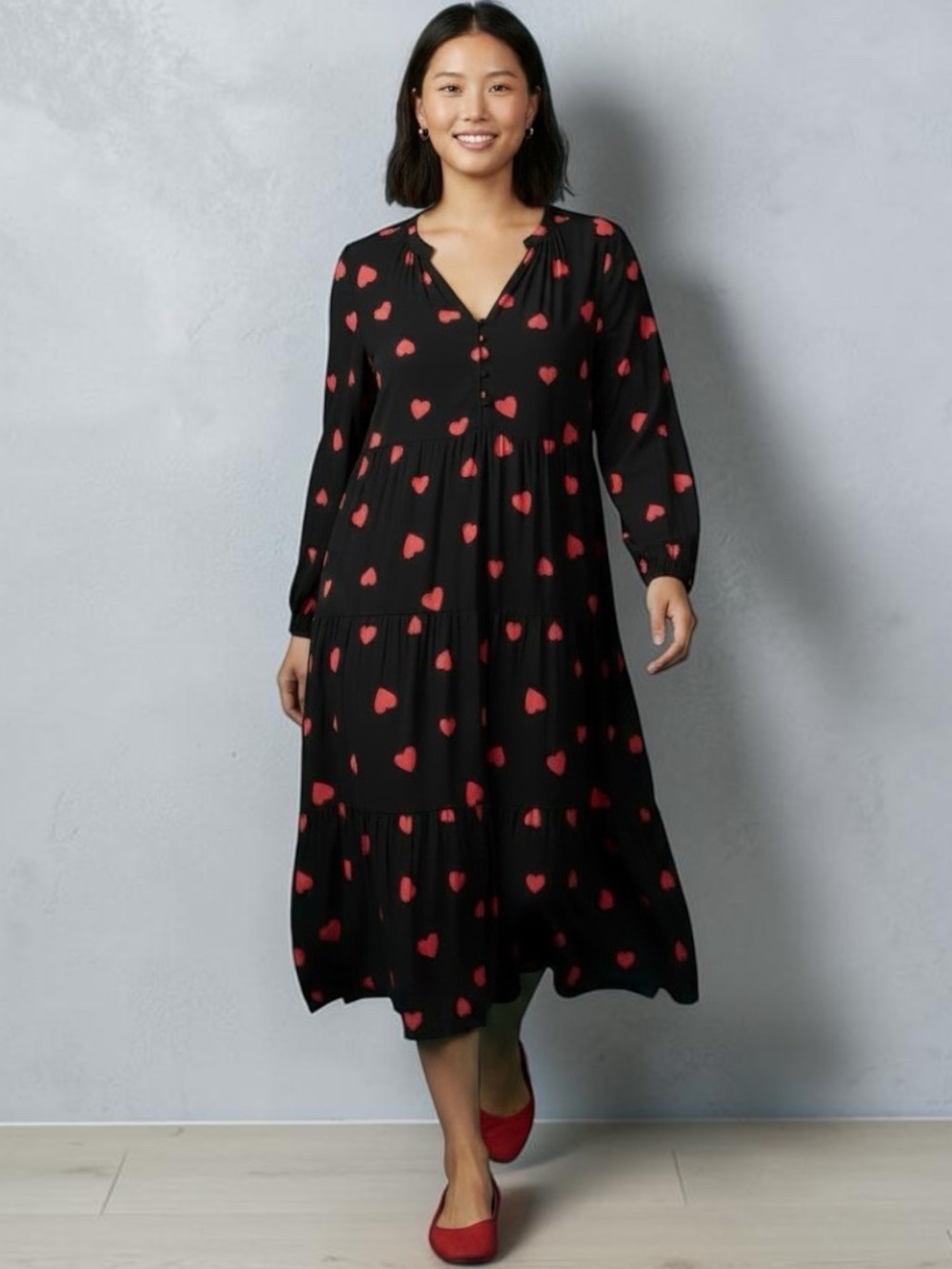 LOFT Black Maxi Dress with Red Heart Print